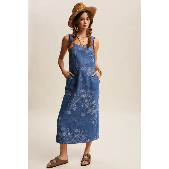 Floral Embroidered Denim Overall Dress