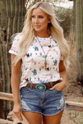 Beige Western Catus Print Crew Short Sleeve Top