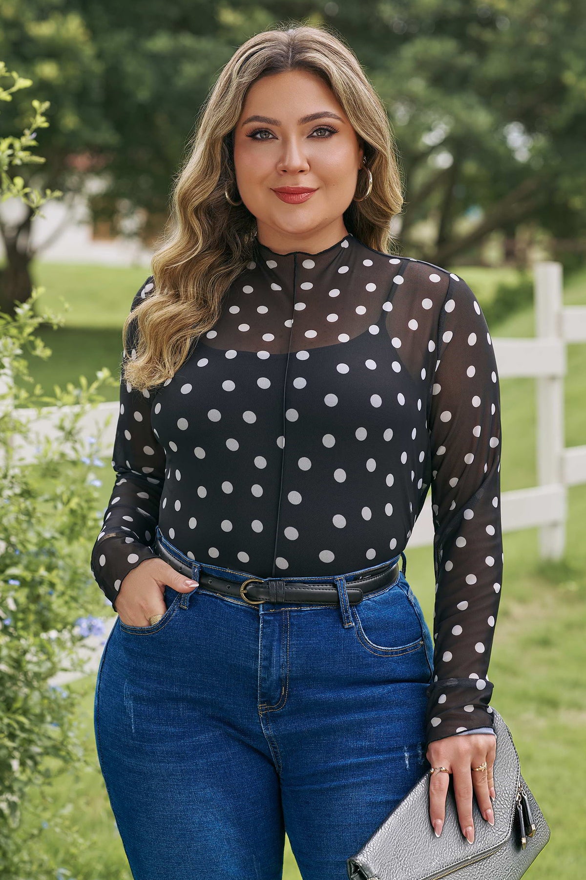 Black Polka Dot Patterned Bodycon Mock Neck Mesh Long Sleeve Top