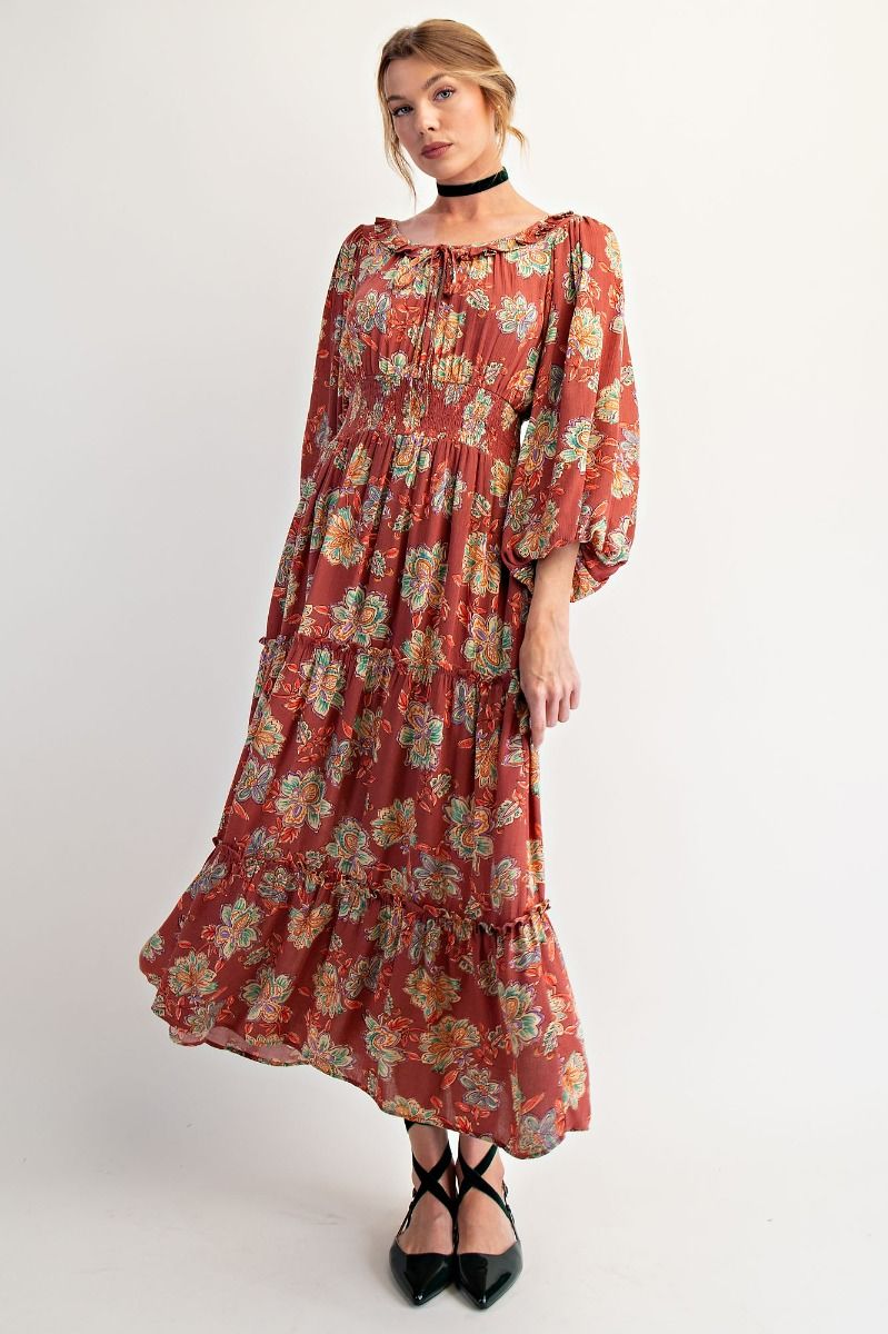 FLORAL PRINTED RAYON GAUZE MAXI DRESS