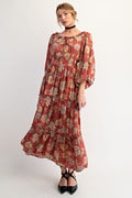 FLORAL PRINTED RAYON GAUZE MAXI DRESS