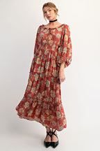 FLORAL PRINTED RAYON GAUZE MAXI DRESS
