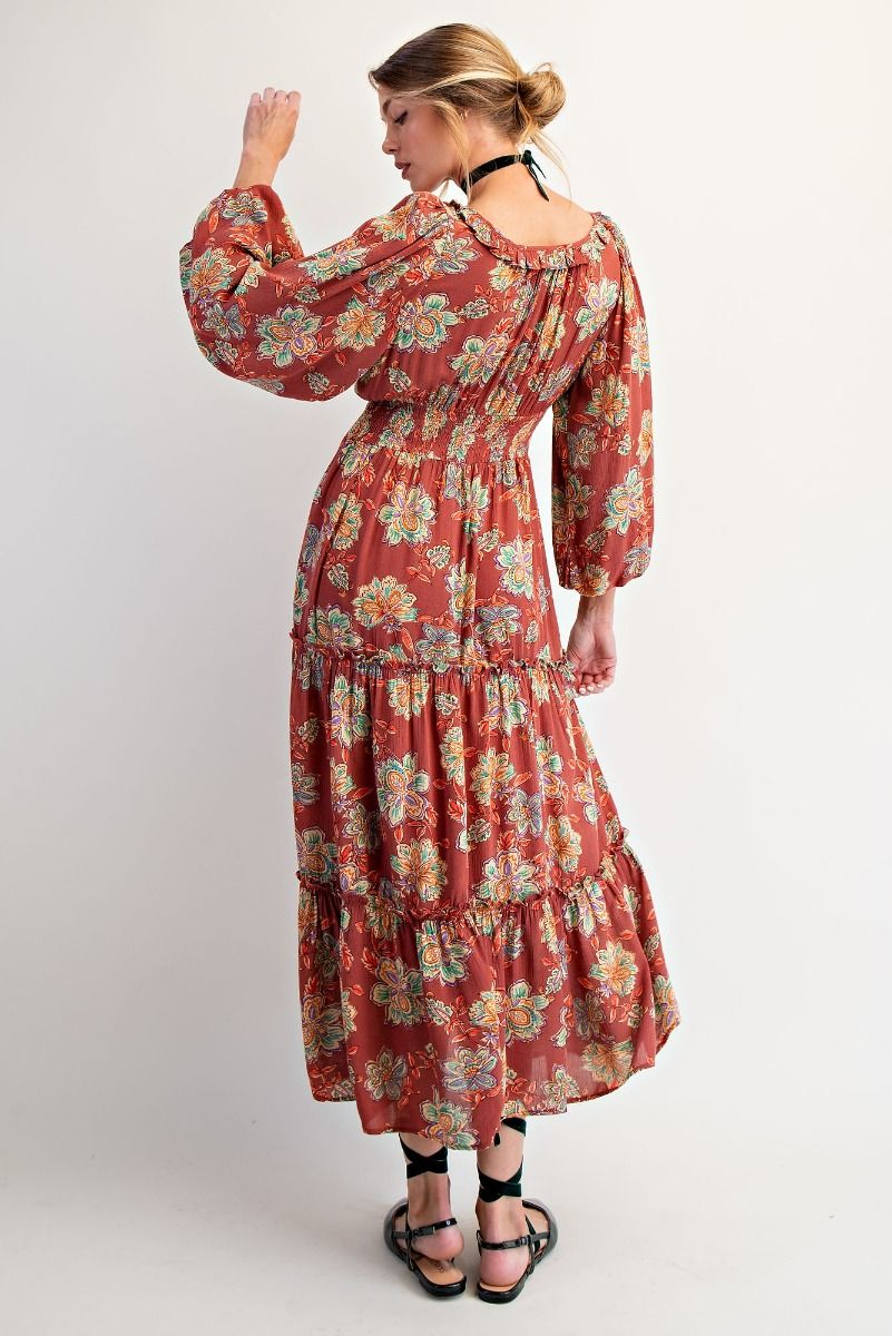FLORAL PRINTED RAYON GAUZE MAXI DRESS
