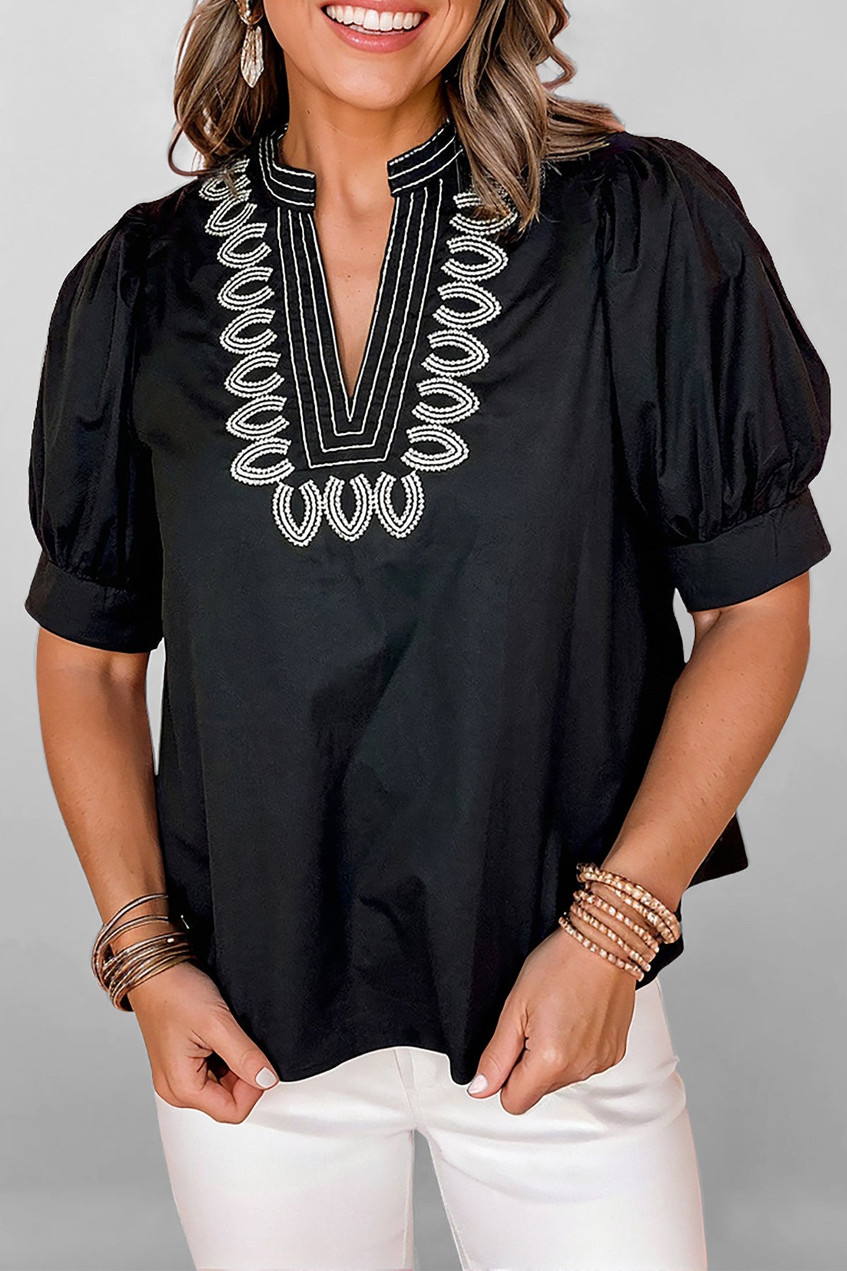 Black Short Puff Sleeve Contrast Embroidered Detail V Neck Blouse